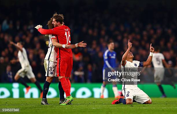 Players celebrate after teammate Zlatan Ibrahimovic of PSG scores their second goal during the UEFA Champions League round of 16, second leg match...