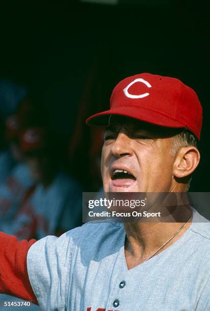 Cincinnati Reds' manager Sparky Anderson yells instructions to the field during the 1970 World Series against the Baltimore Orioles at Riverfront...