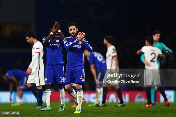 Dejected Cesc Fabregas of Chelsea applauds the home fans foloowing thjeir team's 2-1 defeat and exit from the competition during the UEFA Champions...