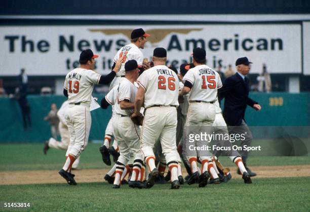 The Baltimore Orioles celebrate after winning Game Five of the World Series against the Cincinnati Reds at Memorial Stadium on October 1970 in...