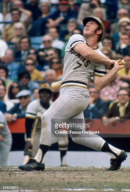 Bob Robertson of the Pittsburgh Pirates swings hard during the World Series against the Baltimore Orioles at Memorial Stadium on October 1971 in...