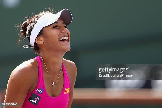 Heather Watson of Great Britain smiles after defeating Galina Voskoboeva of Kazakhstan during day three of the BNP Paribas Open at Indian Wells...