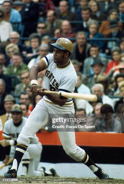 Pittsburgh Pirates' Willie Stargell swings during the 1971 World Series against the Baltimore Orioles at Memorial Stadium in Baltimore, Maryland.