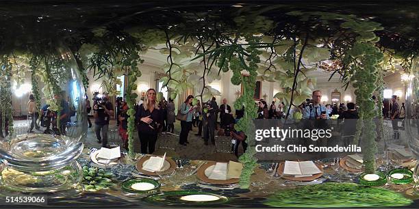 An example of the table settings for the state dinner honoring Canadian Prime Minister Justin Trudeau is displayed for the news media in the State...