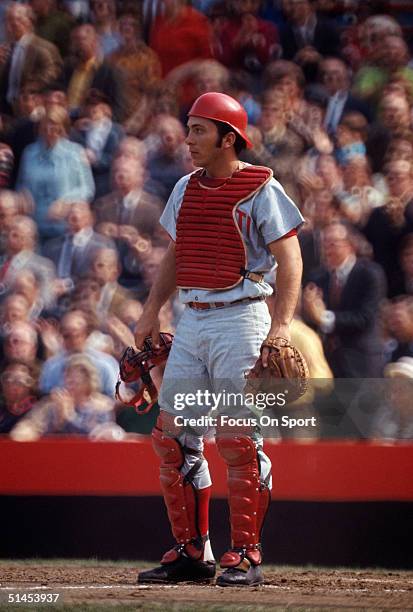 Johnny Bench catcher for the Cincinnati Reds watches the play during the World Series against the Baltimore Orioles at Memorial Stadium on October...