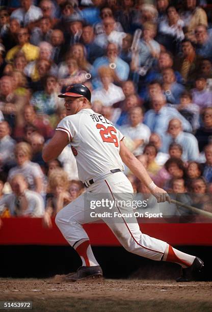 Boog Powell of the Baltimore Orioles' bats against the Cincinnati Reds during the World Series at Memorial Stadium in Baltimore, Maryland, in October...