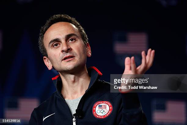 Senior Sports Technologist Mounir Zok addresses the media at the USOC Olympic Media Summit at The Beverly Hilton Hotel on March 9, 2016 in Beverly...