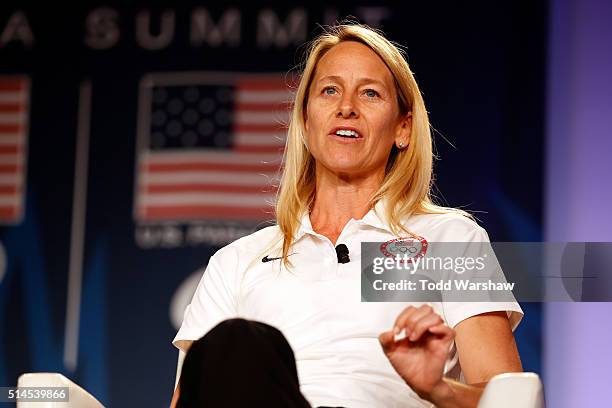 Sport Dietitian Shawn Hueglin addresses the media at the USOC Olympic Media Summit at The Beverly Hilton Hotel on March 9, 2016 in Beverly Hills,...