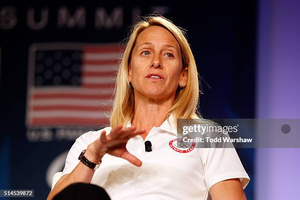 Sport Dietitian Shawn Hueglin addresses the media at the USOC Olympic Media Summit at The Beverly Hilton Hotel on March 9, 2016 in Beverly Hills,...