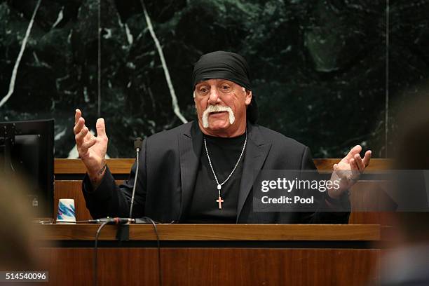 Terry Bollea, aka Hulk Hogan, testifies in court during his trial against Gawker Media at the Pinellas County Courthouse on March 8, 2016 in St...