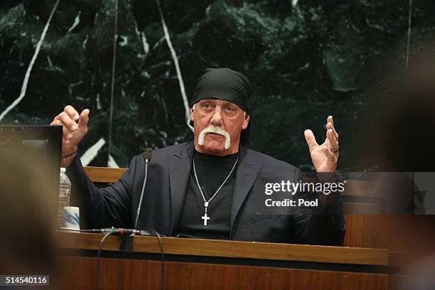 Terry Bollea, aka Hulk Hogan, testifies in court during his trial against Gawker Media at the Pinellas County Courthouse on March 8, 2016 in St...