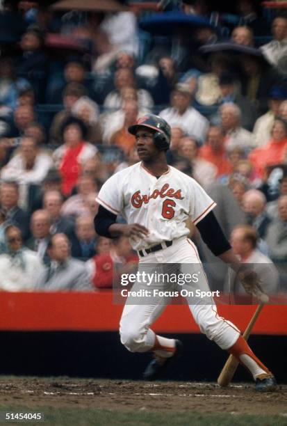 Paul Blair of the Baltimore Orioles watches the flight of a ball during the World Series against the Cincinnati Reds at Memorial Stadium on October...