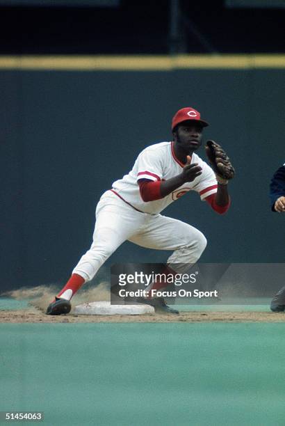 Second baseman Joe Morgan of the Cincinnati Reds readies to catch the ball against the Oakland Athletics during the World Series at the Riverfront...