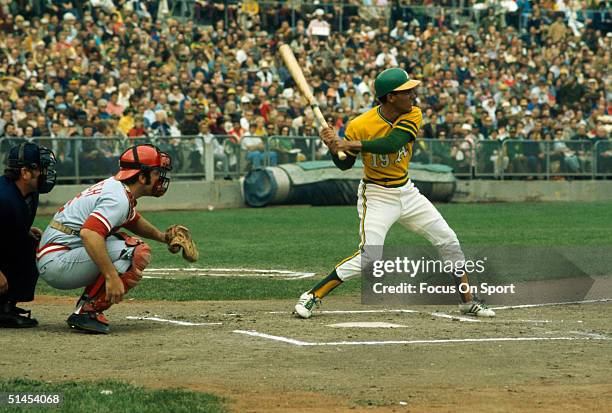 Bert Campaneris of the Oakland Athletics bats against the Cincinnati Reds during the World Series at the Oakland-Alameda County Coliseum on October...