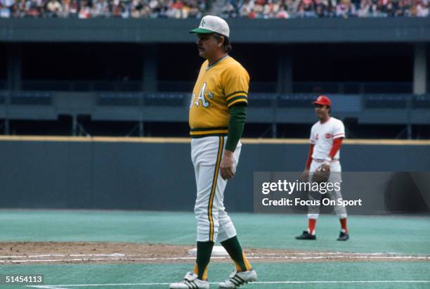 Dick Williams, manager of the Oakland Athletics walks across the field during the World Series against the Cincinnati Reds at Riverfront Stadium in...