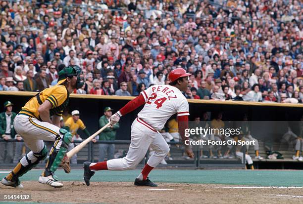 Tony Perez of the Cincinnati Reds lets one fly against the Oakland Athletics during the World Series at the Riverfront Stadium on October 1972 in...