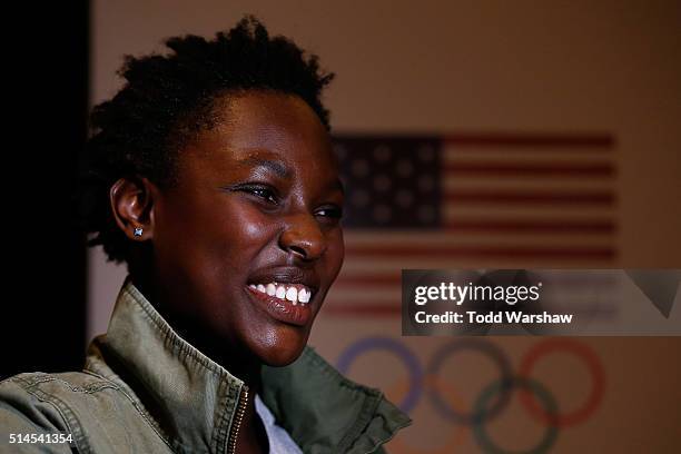 Water polo player Ashleigh Johnson addresses the media at the USOC Olympic Media Summit at The Beverly Hilton Hotel on March 9, 2016 in Beverly...