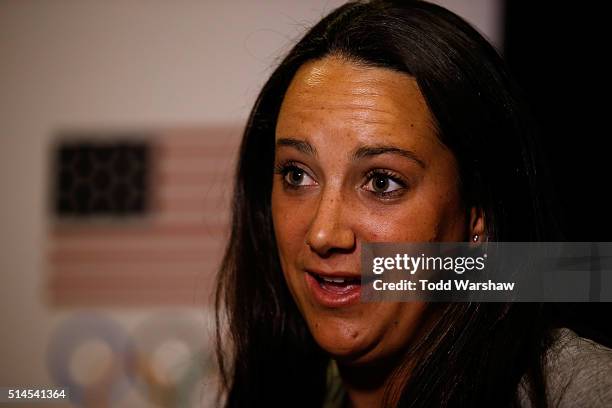 Water polo player Maggie Steffens addresses the media at the USOC Olympic Media Summit at The Beverly Hilton Hotel on March 9, 2016 in Beverly Hills,...