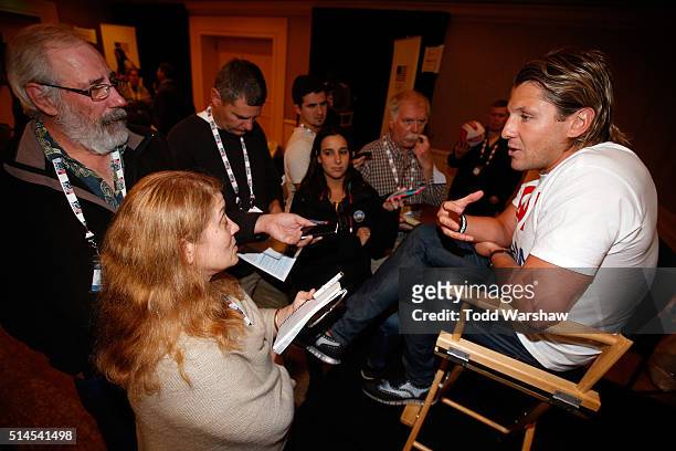 Water polo player Tony Azevedo addresses the media at the USOC Olympic Media Summit at The Beverly Hilton Hotel on March 9, 2016 in Beverly Hills,...