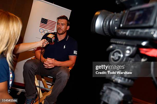 Water polo player John Mann addresses the media at the USOC Olympic Media Summit at The Beverly Hilton Hotel on March 9, 2016 in Beverly Hills,...