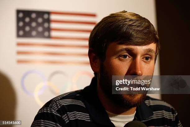 Shooter Vincent Hancock addresses the media at the USOC Olympic Media Summit at The Beverly Hilton Hotel on March 9, 2016 in Beverly Hills,...