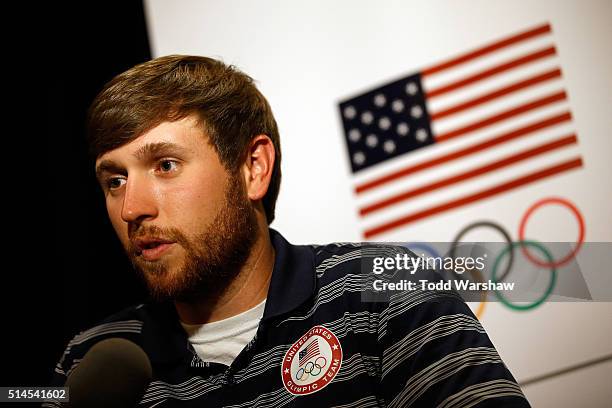 Shooter Vincent Hancock addresses the media at the USOC Olympic Media Summit at The Beverly Hilton Hotel on March 9, 2016 in Beverly Hills,...