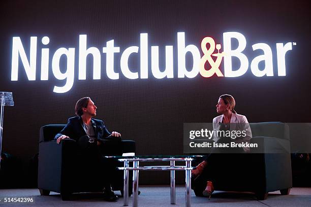 Principal of Bar Magic Tobin Ellis and chef Cat Cora speak onstage during the 31st annual Nightclub & Bar Convention and Trade Show on March 8, 2016...