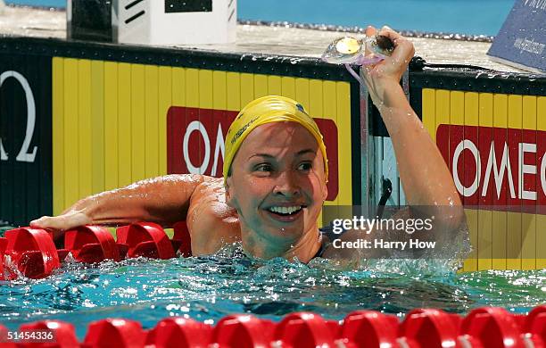 Brooke Hanson of Australia celebrates gold in the Women's 50m Breastroke final during the FINA World Swimming Championships on October 8, 2004 at the...