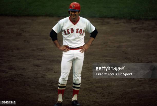 Carl Yasterzmenski of the Boston Red Sox pauses during the World Series against the Cincinnati Reds at Riverfront Stadium in Cincinnati, Ohio in...
