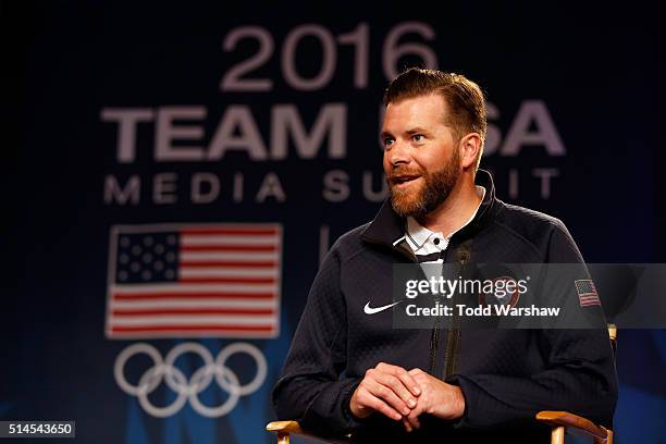 Senior Director of Communications Mark Jones addresses the media at the USOC Olympic Media Summit at The Beverly Hilton Hotel on March 9, 2016 in...