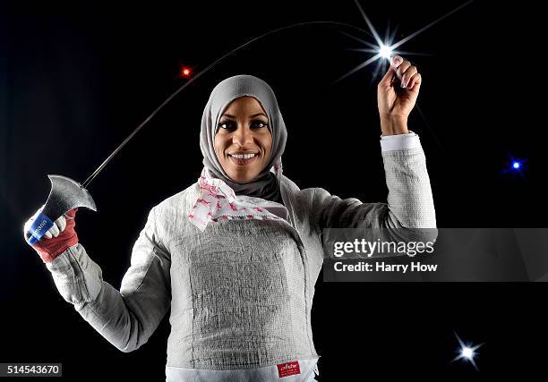 Fencer Ibtihaj Muhammad poses for a portrait at the 2016 Team USA Media Summit at The Beverly Hilton Hotel on March 9, 2016 in Beverly Hills,...