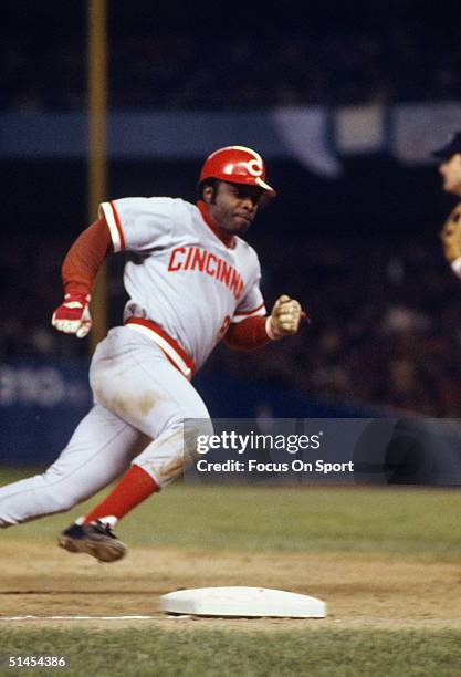 Joe Morgan of the Cincinnati Reds runs around third base and heads for home during the World Series against the New York Yankees at Yankee Stadium in...