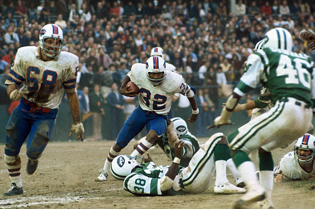 Simpson of the Buffalo Bills runs during a game against the New York Jets in New York, New York.