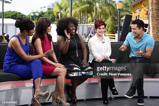 Aisha Tyler, Julie Chen, Sheryl Underwood, Sharon Osbourne and Mario Lopez visit "Extra" at Universal Studios Hollywood on March 9, 2016 in Universal...