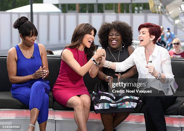 Aisha Tyler, Julie Chen, Sheryl Underwood and Sharon Osbourne visit "Extra" at Universal Studios Hollywood on March 9, 2016 in Universal City,...
