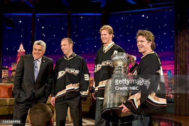 Episode 3381 -- Pictured: Host Jay Leno, Anaheim Ducks Jean Sebastien Giguere, Chris Pronger and Brad May with Stanley Cup on June 7, 2007 --