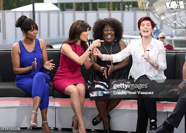 Aisha Tyler, Julie Chen, Sheryl Underwood and Sharon Osbourne visit "Extra" at Universal Studios Hollywood on March 9, 2016 in Universal City,...