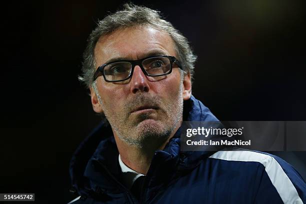 Paris Saint-Germain manager Laurent Blanc looks on during the UEFA Champions League Round of 16 Second Leg match between Chelsea and Paris...