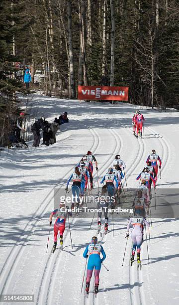 Therese Johaug , Heidi Weng during Cross Country Ladies Skiathlon 7.5 km Classic + 7.5 km Free on March 09, 2016 in Canmore, Alberta, Canada .