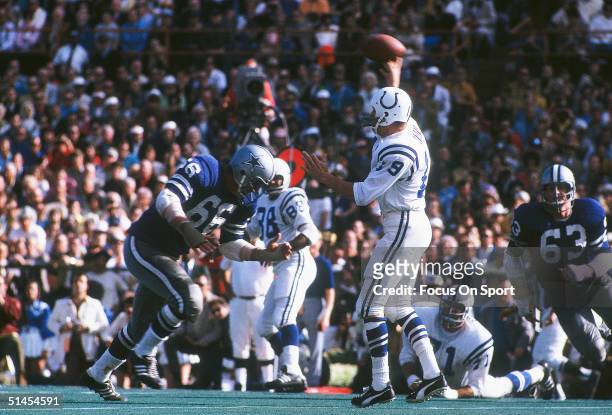Johnny Unitas quarterback for the Baltimore Colts throws a pass during Super Bowl V against the Dallas Cowboys at the Oarnge Bowl on January 17, 1971...