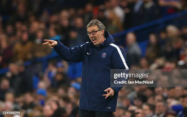 Paris Saint-Germain manager Laurent Blanc gestures during the UEFA Champions League Round of 16 Second Leg match between Chelsea and Paris...