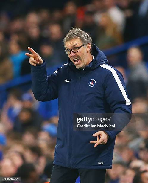 Paris Saint-Germain manager Laurent Blanc gestures during the UEFA Champions League Round of 16 Second Leg match between Chelsea and Paris...