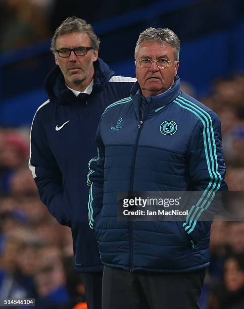 ChelseaÕs manager Gus Hidddink looks on during the UEFA Champions League Round of 16 Second Leg match between Chelsea and Paris Saint-Germain at...