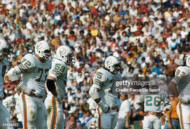 The defensive line of the Miami Dolphins stands ready for the next play against the Washington Red Skins during Super Bowl VIII at Memorial Coliseum...