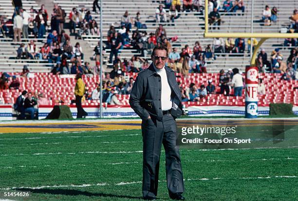 Al Davis owner of the Oakland Raiders on the field before Super Bowl XI against the Minnesota Vikings at the Rose Bowl on January 9, 1977 in...