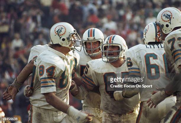 Linebacker Nick Buoniconti pumps up teammates Bill Stanfill, Mike Kolen and Larry Little of the Miami Dolphins defensive line during Super Bowl VIII...