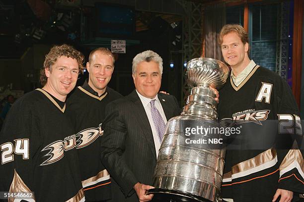 Episode 3381 -- Pictured: Anaheim Ducks Brad May, Jean Sebastien Giguere, host Jay Leno with Stanley Cup, Chris Pronger on June 7, 2007 --