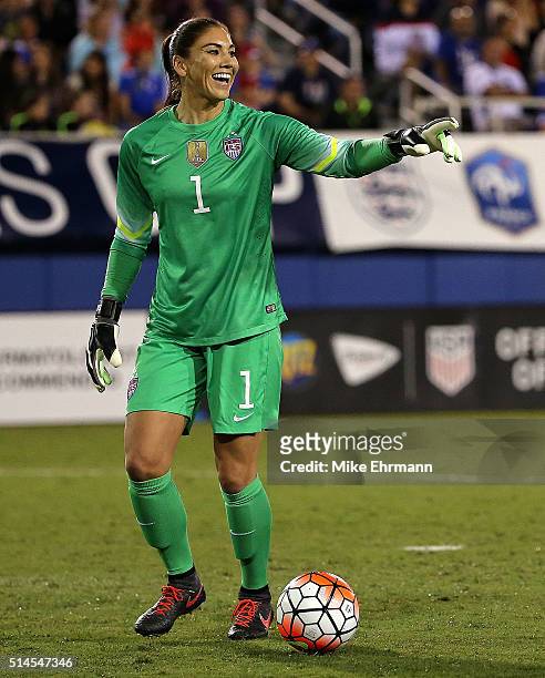 Hope Solo of the United States looks on during a match against Germany in the 2016 SheBelieves Cup at FAU Stadium on March 9, 2016 in Boca Raton,...