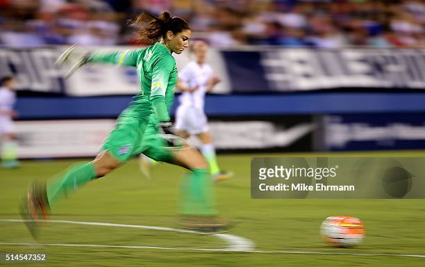 Hope Solo of the United States kicks during a match against Germany in the 2016 SheBelieves Cup at FAU Stadium on March 9, 2016 in Boca Raton,...