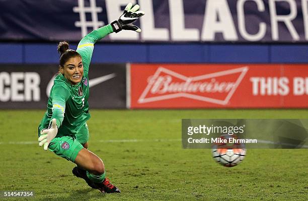 Hope Solo of the United States mkaes a save during a match against Germany in the 2016 SheBelieves Cup at FAU Stadium on March 9, 2016 in Boca Raton,...